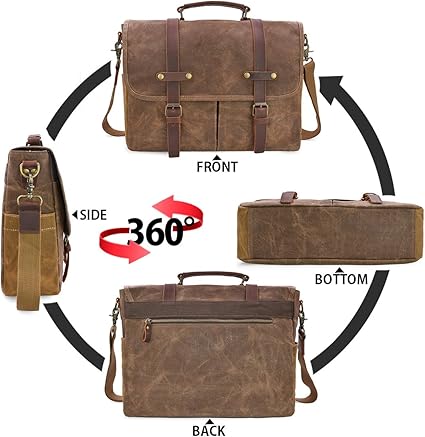 Mens Messenger Bag 15.6 Inch Waterproof Vintage Genuine Leather Waxed Canvas Briefcase Large Leather Computer Laptop Bag Rugged Satchel Shoulder Bag